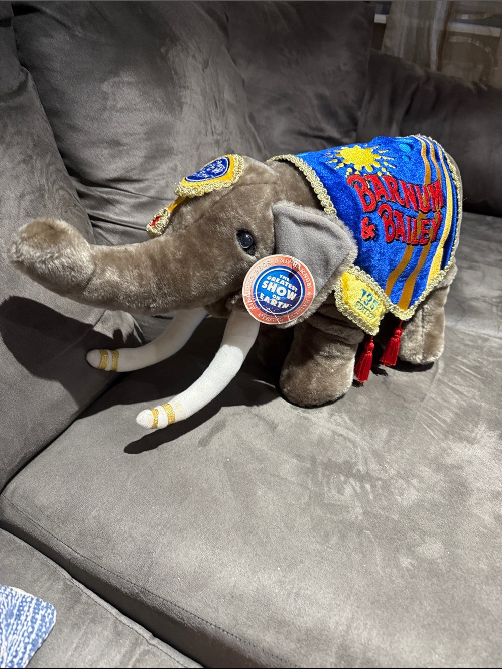 Elephant Plush Decor with Blue Embroidered Circus Blanket